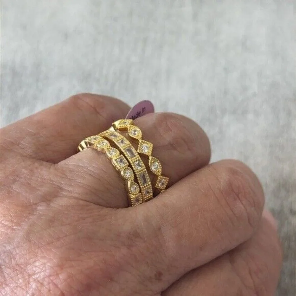Set of 3 Rings Gold Plated 925 Sterling Silver Rings CZ Sones Sz. 9